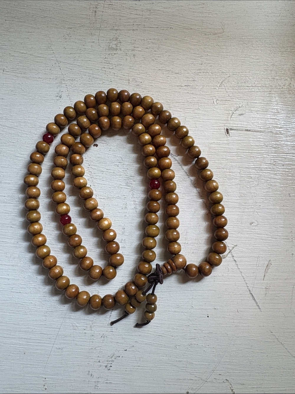 Wooden Bead Mala Necklace with Red Accent